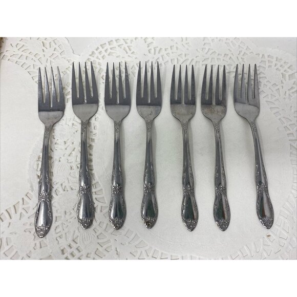 Lot of 7 Oneida FENWAY Dream Glossy Stainless Salad Forks Wm A Rogers Vintage - Picture 1 of 7